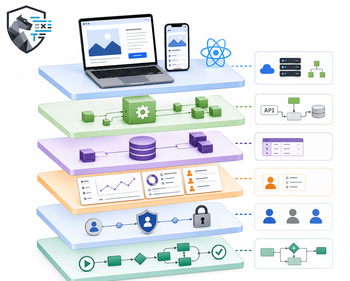 Stack complet: frontend, API, date, dashboard-uri, autentificare și fluxuri de lucru.
